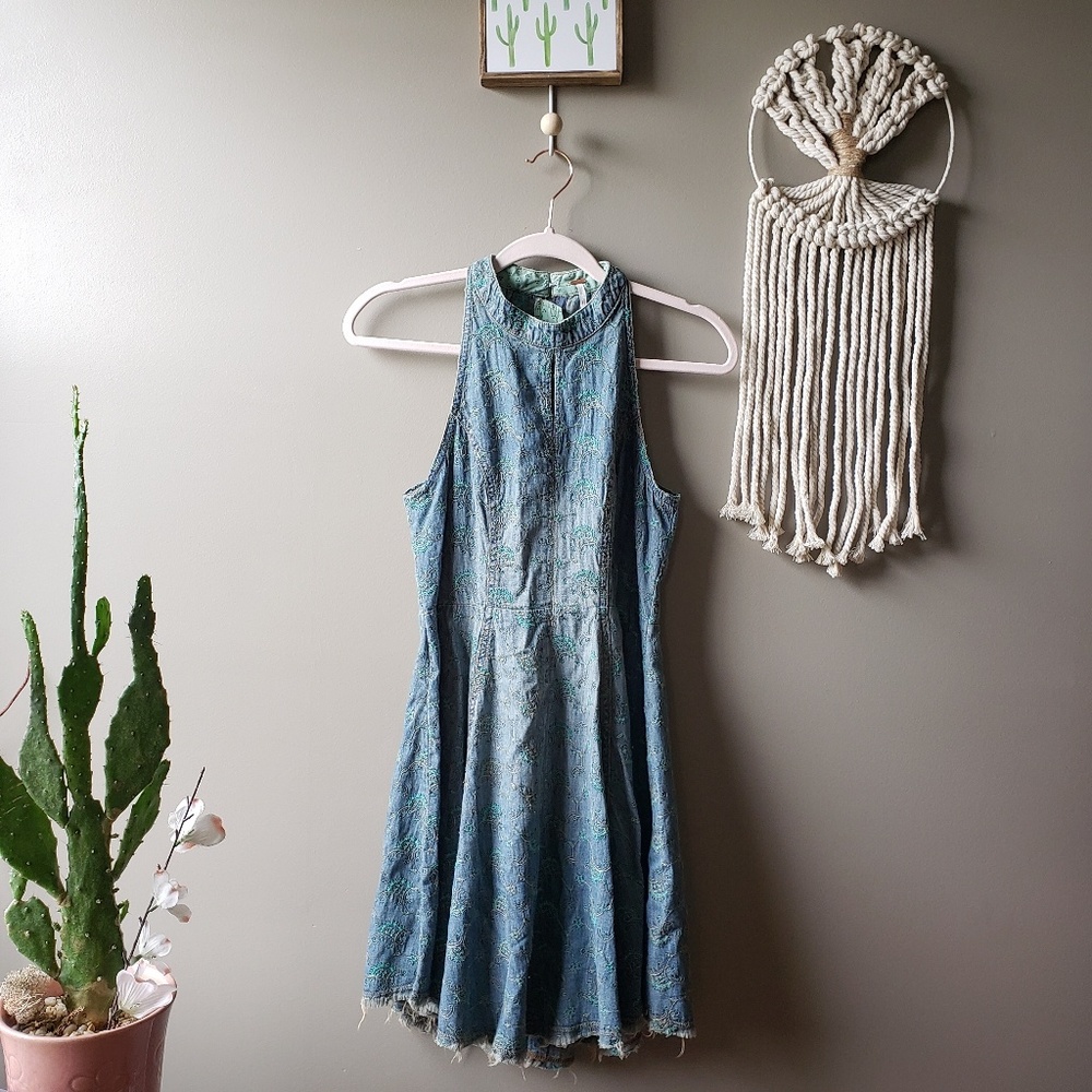 Free People | Embroidered Denim Fit & Flare Dress